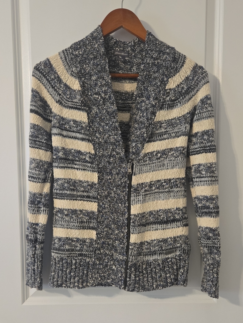 Eddie Bauer Navy & Cream Marled Stripe Shawl-Collar Zip Cardigan